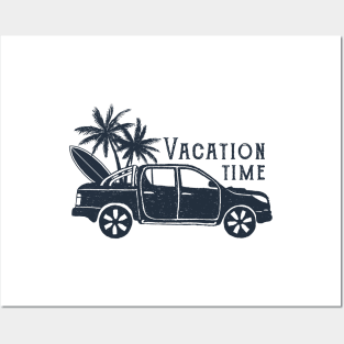 Pickup With Surfboard, Palms. Summer, Travel, Adventure. Vacation Time. Creative Illustration Posters and Art